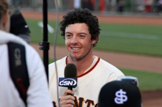 Rory McIlroy gives a pre-game interview to CSN Bay Area, before throwing out the first pitch at a San Francisco Giants game at AT&T Park. (June 2, 2012)