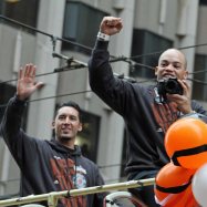 San Francisco Giants outfielder Juan Perez and catcher Andrew Susac at the World Series Victory Parade, October 31, 2014