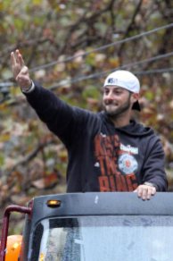 San Francisco Giants reliever George Kontos at the World Series Victory Parade, October 31, 2014